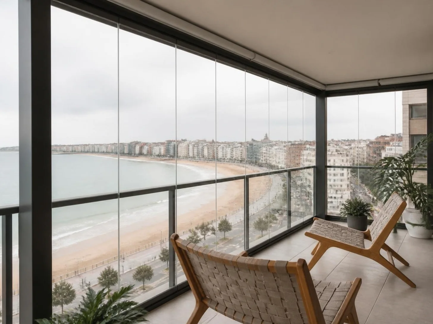 Terraza acristalada con vistas a la playa de San Lorenzo en Gijón